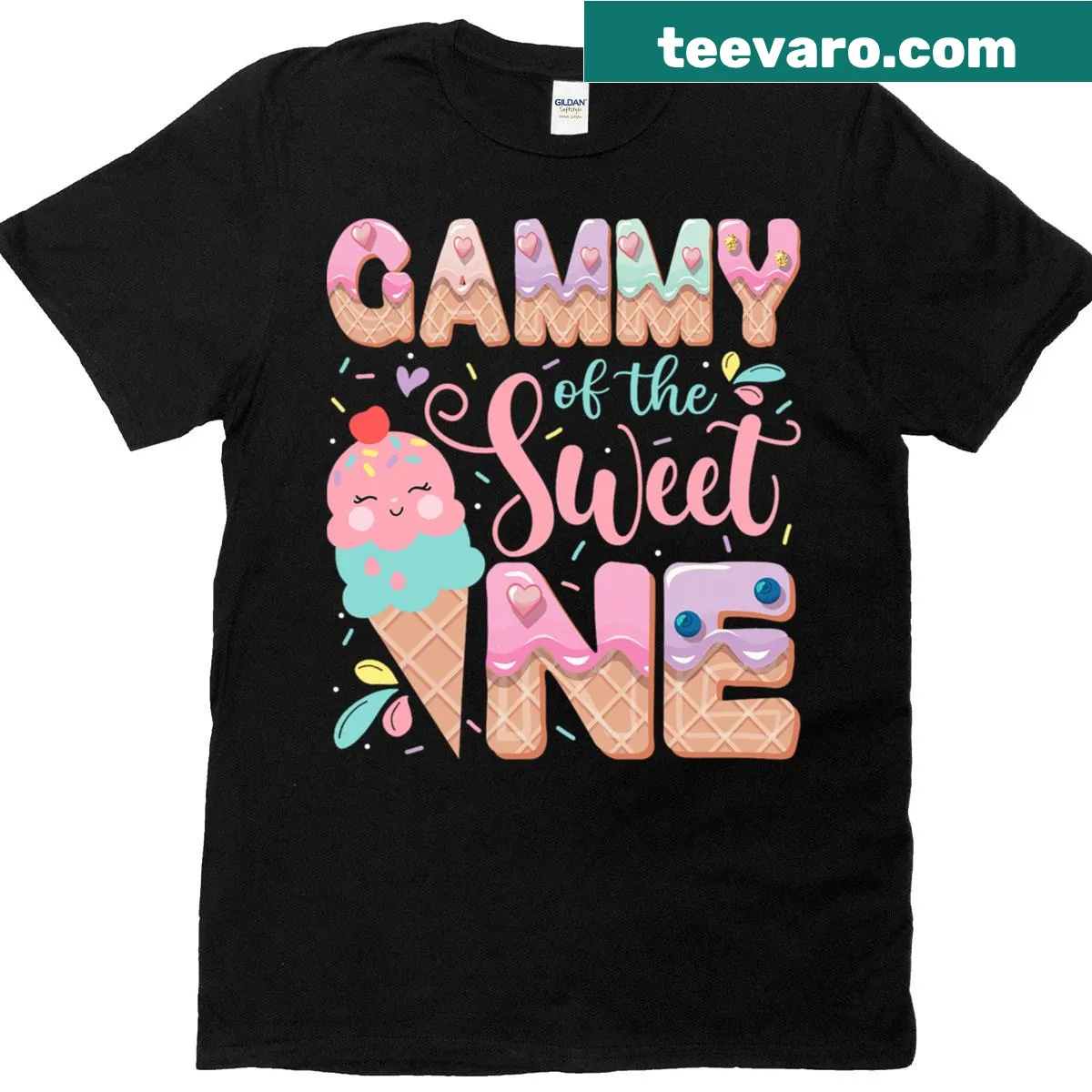 Birthday t-shirt for grandma with 'Gammy Of The Sweet One' text and ice cream design — on a men's t-shirt