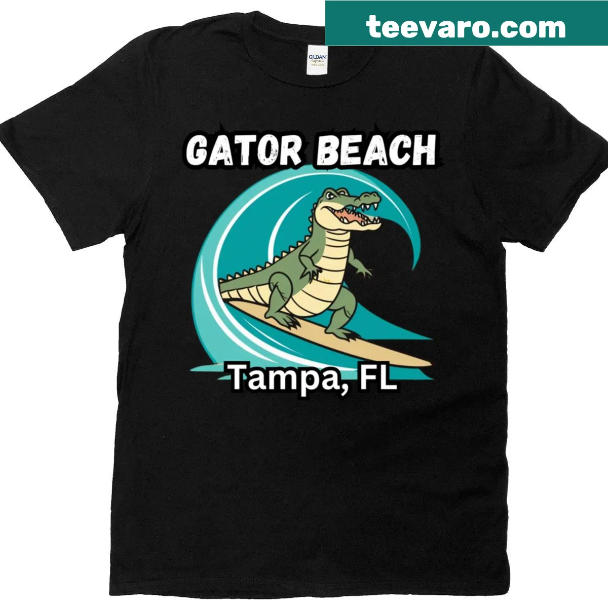 Alligator surfing graphic T-shirt celebrating Florida beach culture — on a men's t-shirt