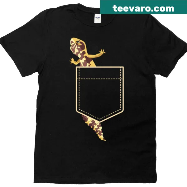 Cute gecko illustration peeking from a pocket on T-shirt