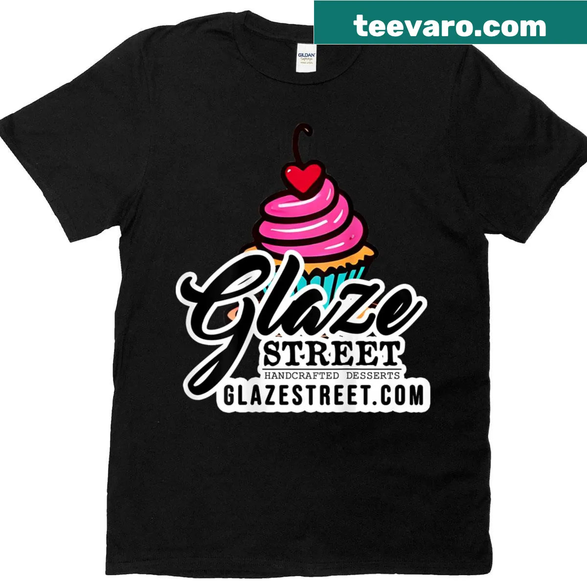 Cartoon cupcake logo on a T-shirt, showcasing a sweet design — on a men's t-shirt