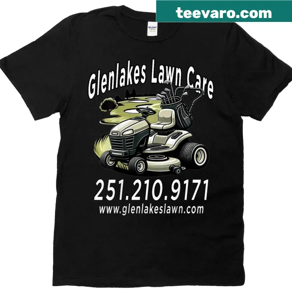 Badge-style emblem for Glenlakes Lawn Care on a T-shirt