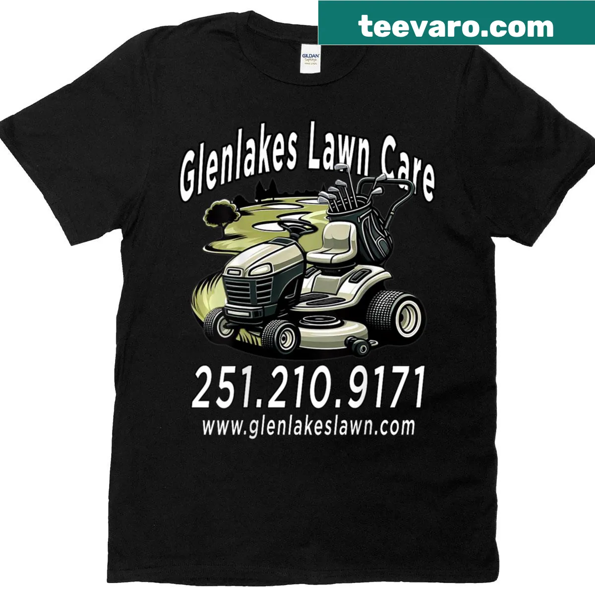 Badge-style emblem for Glenlakes Lawn Care on a T-shirt — on a men's t-shirt