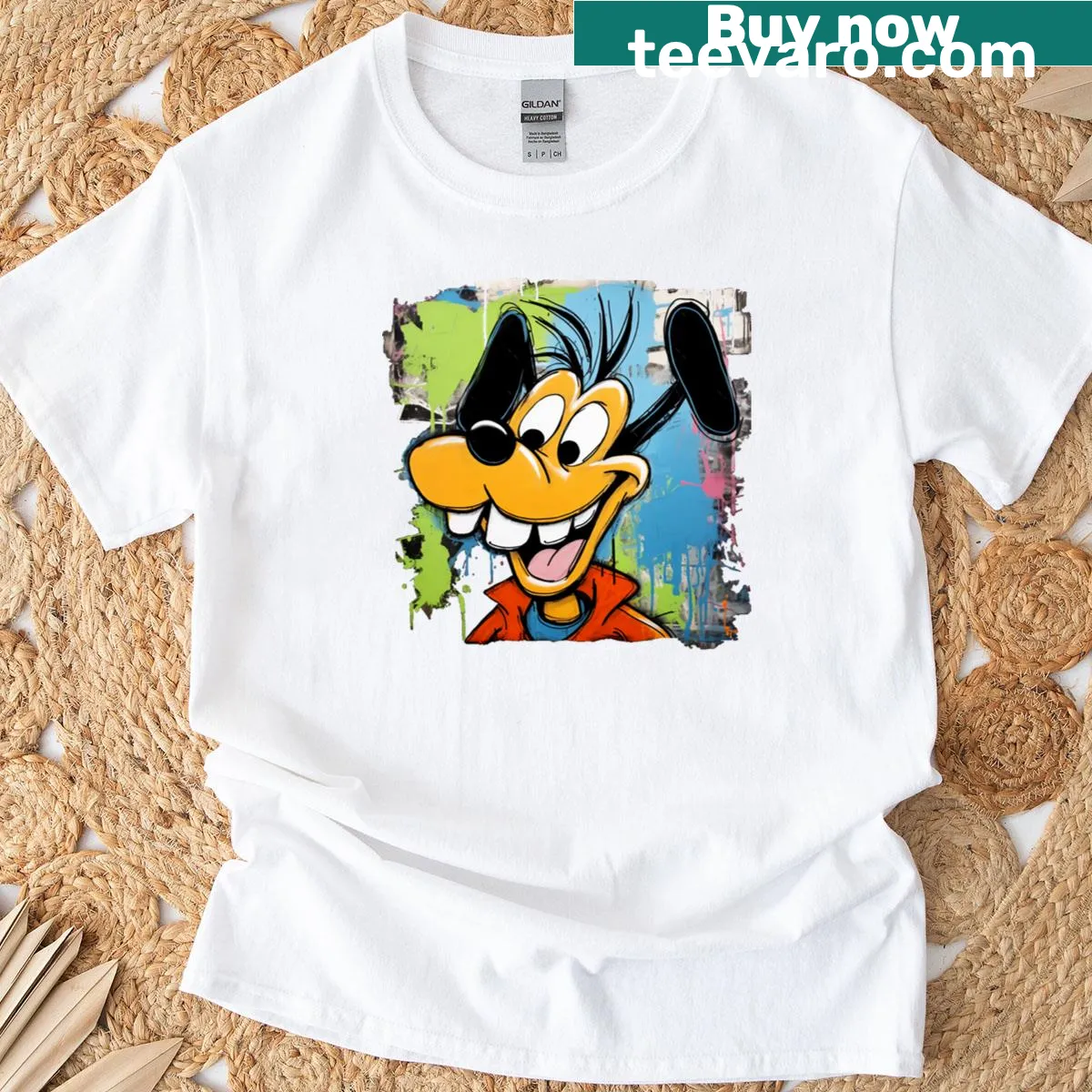 Graffiti style dog art on an urban-themed T-shirt — on a men's t-shirt