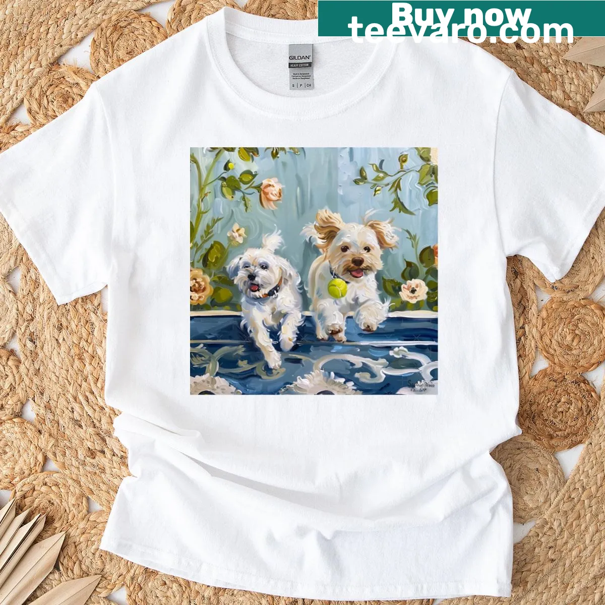 Illustration of terriers chasing a tennis ball on T-shirt — on a men's t-shirt