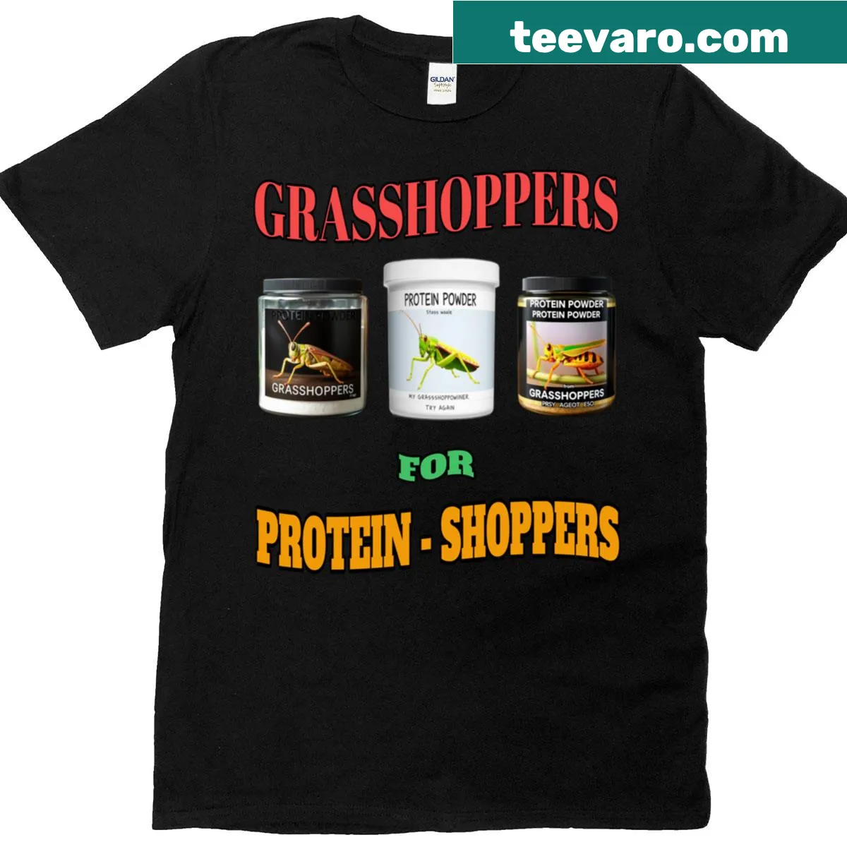 Funny T-shirt with the phrase 'Grasshoppers For Protein Shoppers' — on a men's t-shirt