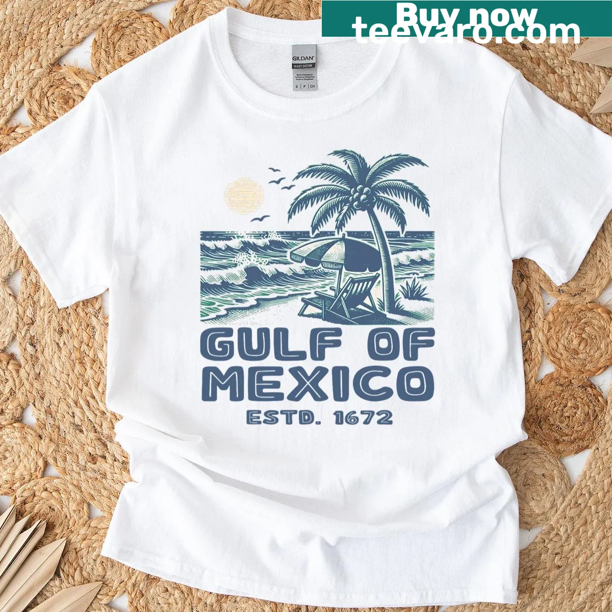 Vintage beach-themed Gulf of Mexico graphic T-shirt — on a men's t-shirt