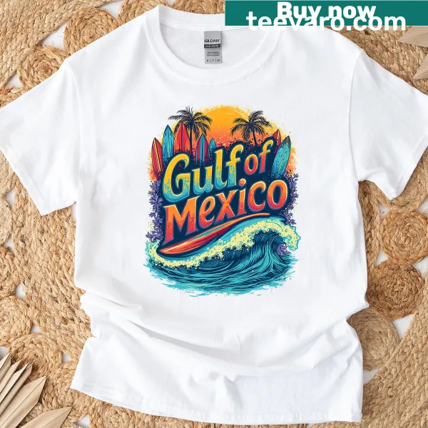 Surfing themed t-shirt featuring beach waves and sunset design