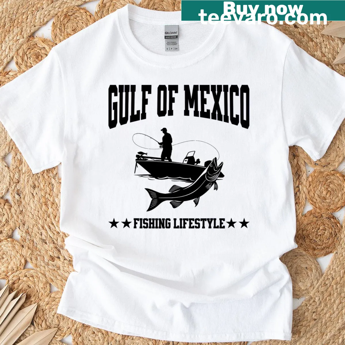 Illustration of fishing gear and fish on Gulf Of Us Fishing T-shirt — on a men's t-shirt