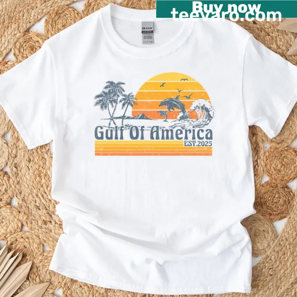 Retro beach-themed T-shirt with dolphin and Est 2025 text