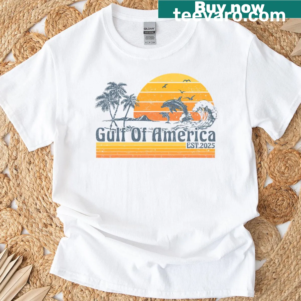 Retro beach-themed T-shirt with dolphin and Est 2025 text — on a men's t-shirt