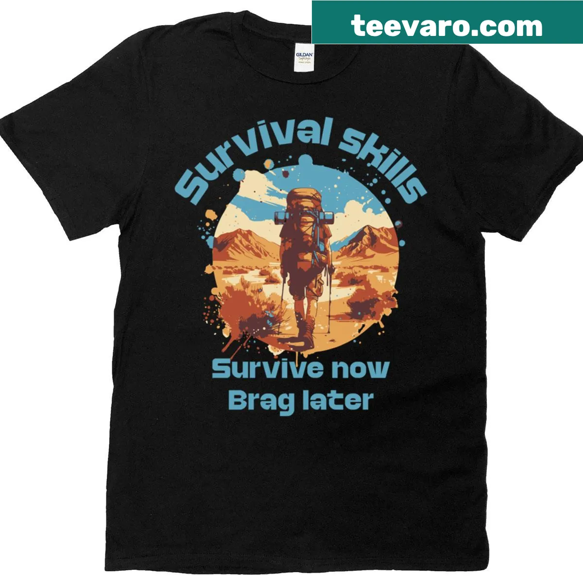 Hiking survival t-shirt featuring essential gear and nature elements. — on a men's t-shirt