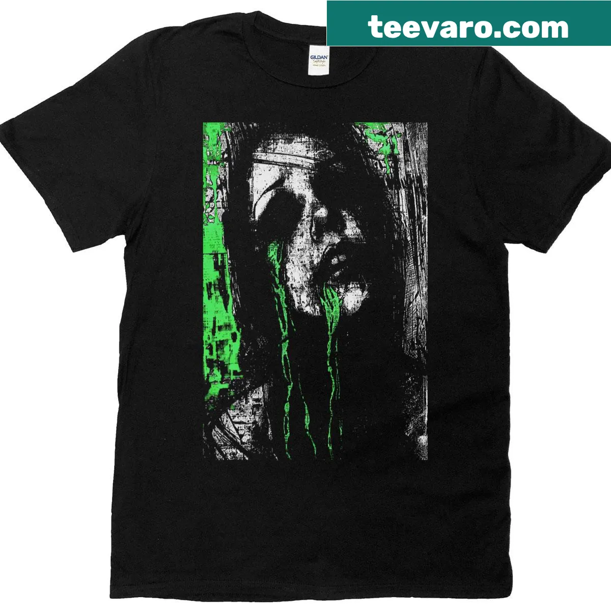 Grunge-style t-shirt featuring a demonic ghost girl design. — on a men's t-shirt