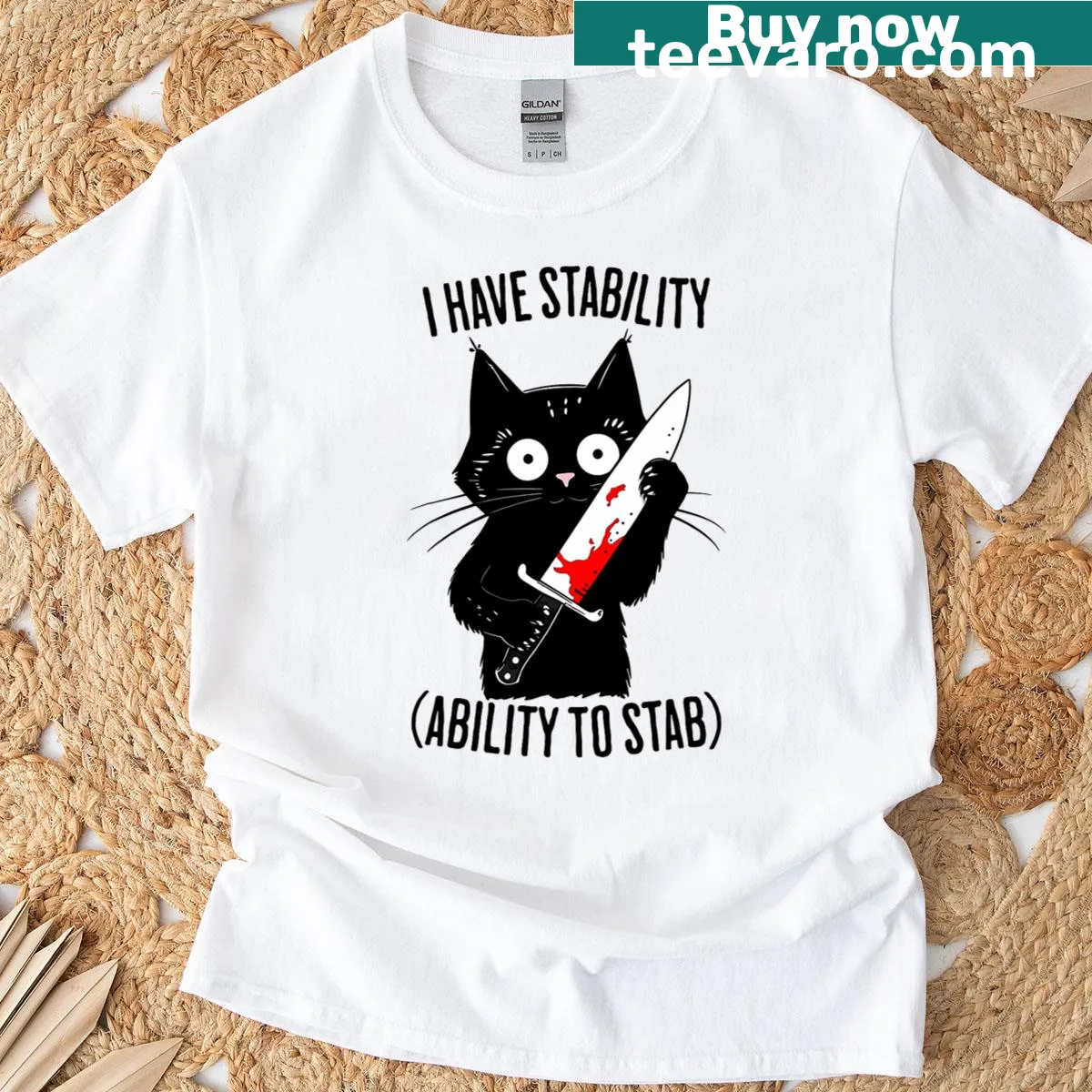 Funny T-shirt featuring a black cat meme and humorous text — on a men's t-shirt