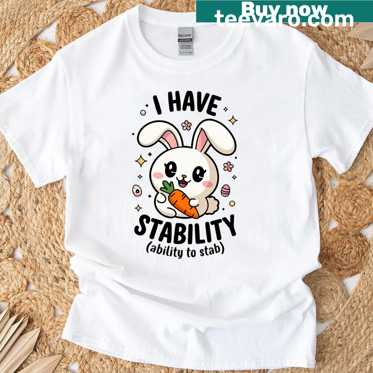 Cute bunny graphic with humorous stabbing phrase for Easter t-shirt — on a men's t-shirt