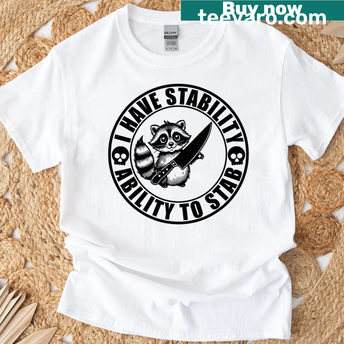 Funny raccoon graphic with stab phrase t-shirt — on a men's t-shirt