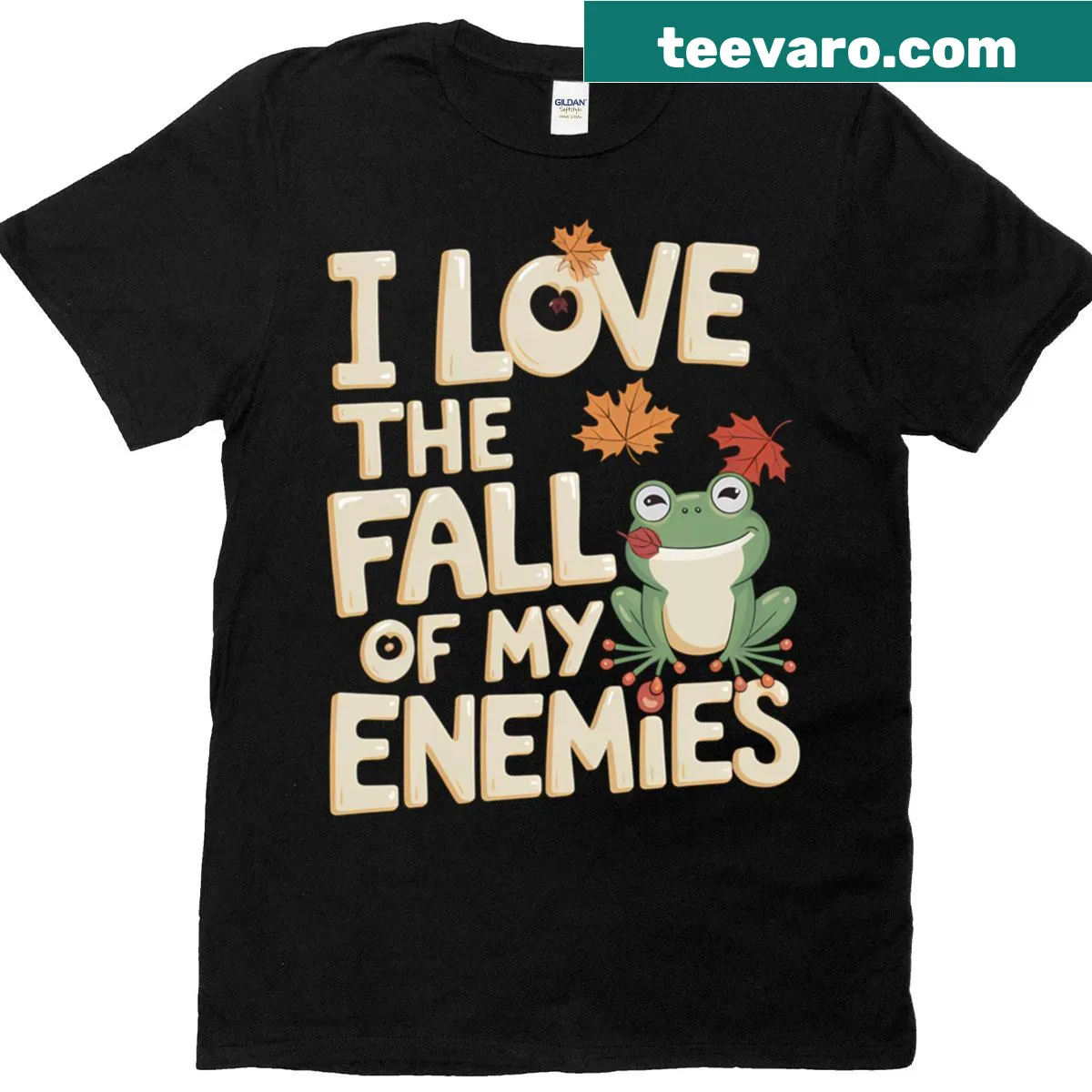 Sarcastic autumn frog design with the phrase about enemies on a t-shirt — on a men's t-shirt