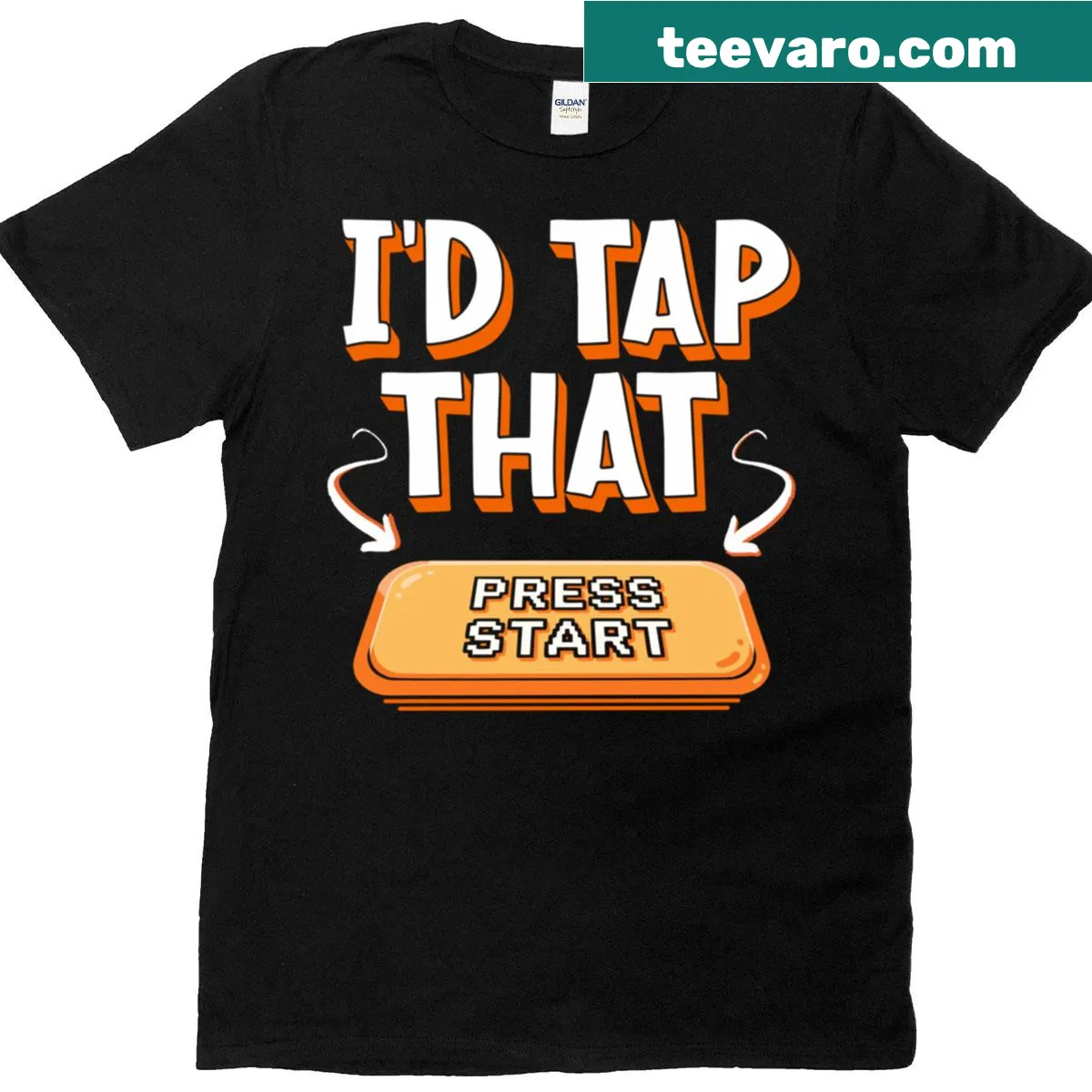 Gaming t-shirt with the phrase about tapping the press start button — on a men's t-shirt