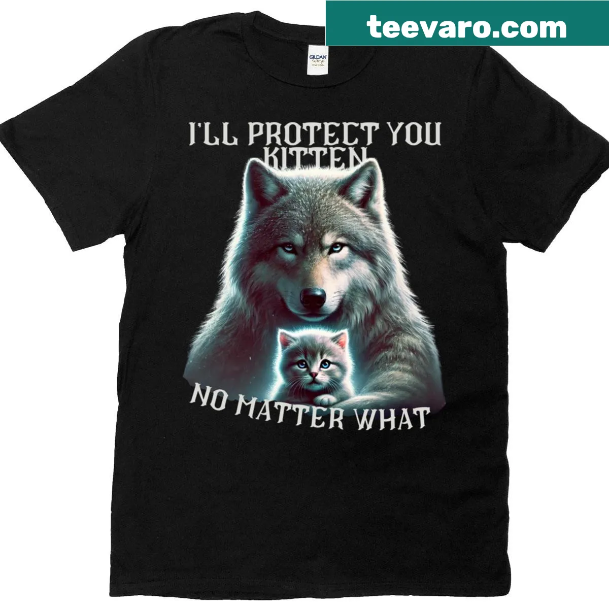 Funny T-shirt featuring an alpha wolf and kitten meme — on a men's t-shirt