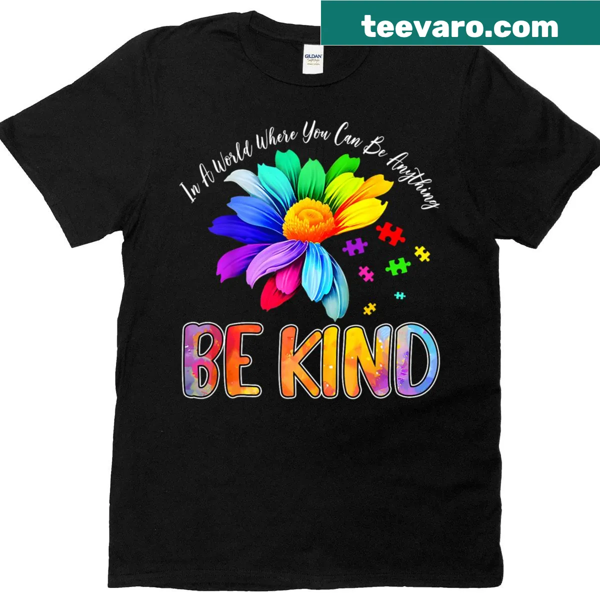 Inspirational t-shirt with the phrase In A World Where You Can Be Anything Be Kind — on a men's t-shirt