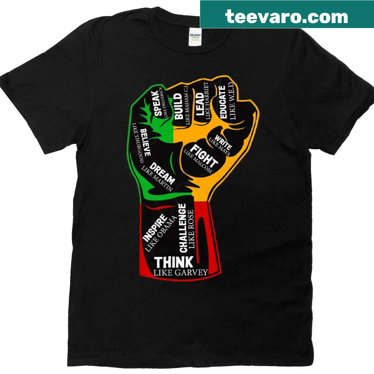 Powerful fist graphic shirt honoring Black history with inspiring design — on a men's t-shirt