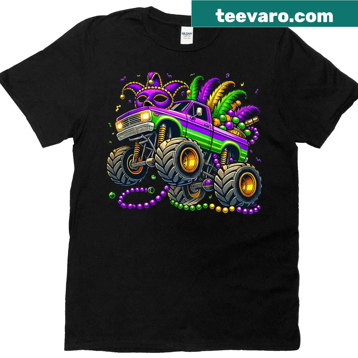 Kids T-shirt with a cartoon monster truck and Mardi Gras elements — on a men's t-shirt