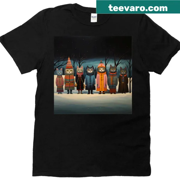 Whimsical illustration of cats in a snowy Lapland scene on a t-shirt