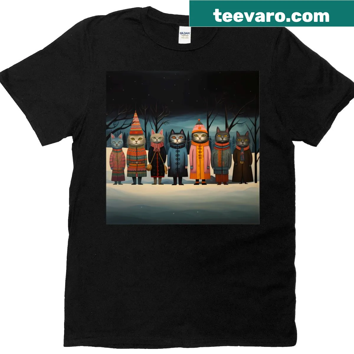 Whimsical illustration of cats in a snowy Lapland scene on a t-shirt — on a men's t-shirt