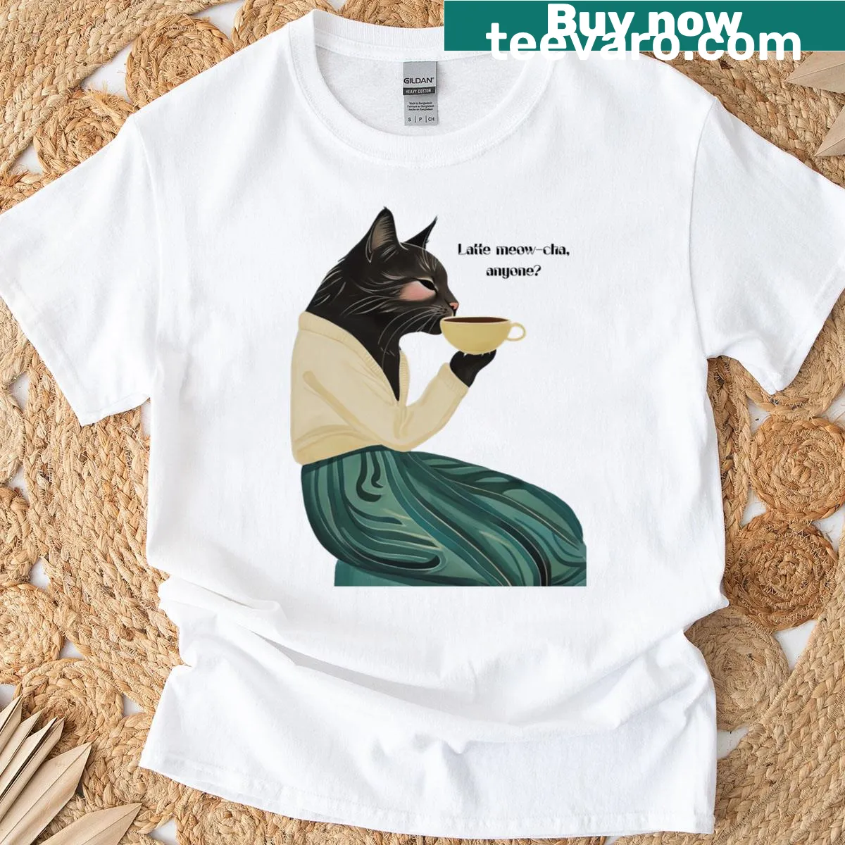 Funny T-shirt with humorous coffee and cat-themed text — on a men's t-shirt
