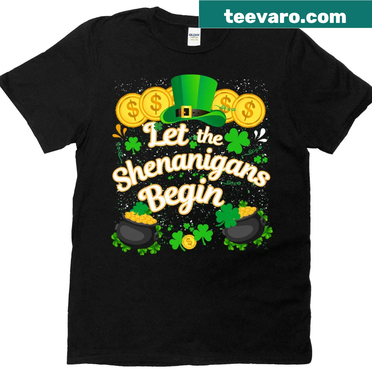 Funny St. Patrick's Day T-shirt with 'Let The Shenanigans Begin' text — on a men's t-shirt