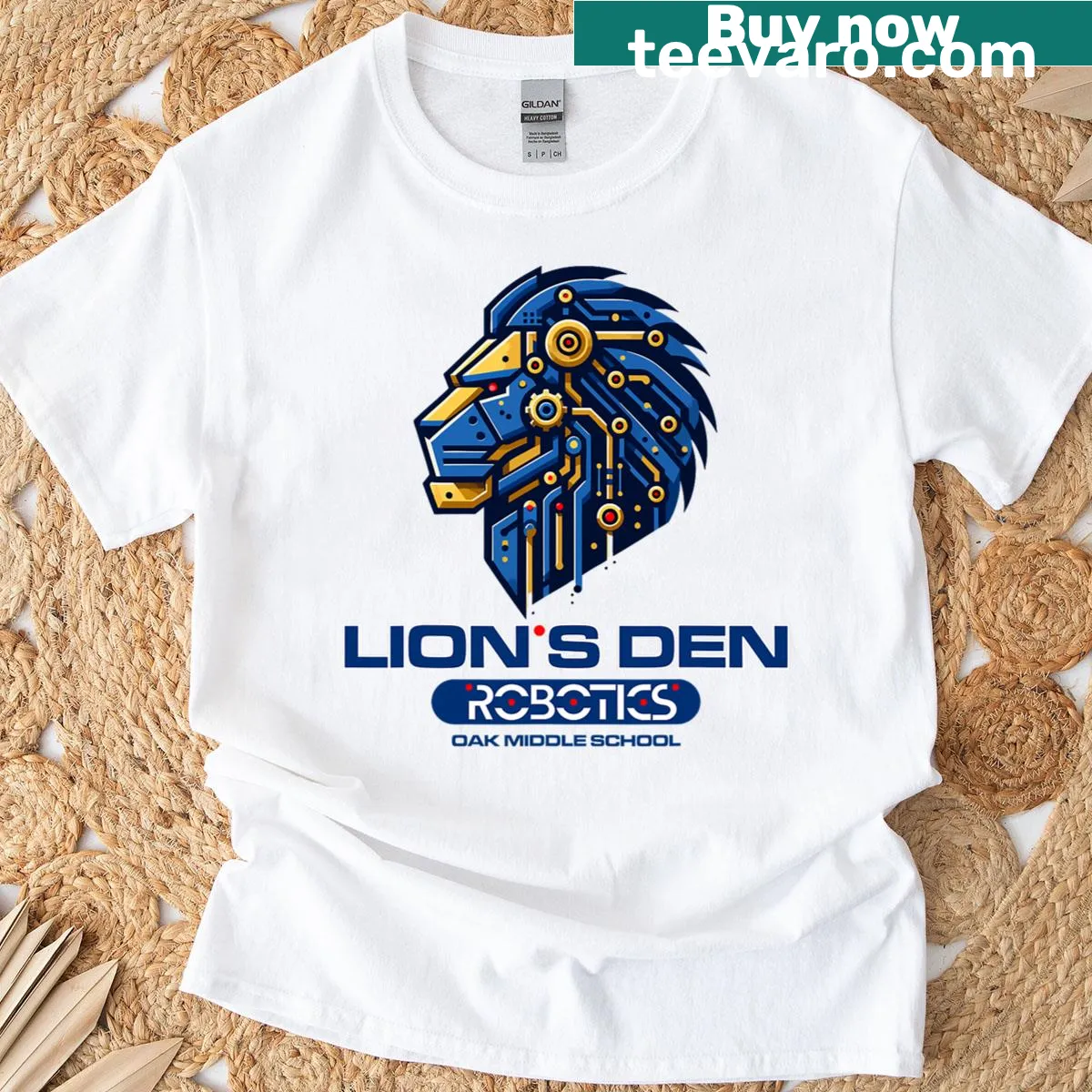 Robotics-themed t-shirt featuring a lion and robotic elements — on a men's t-shirt
