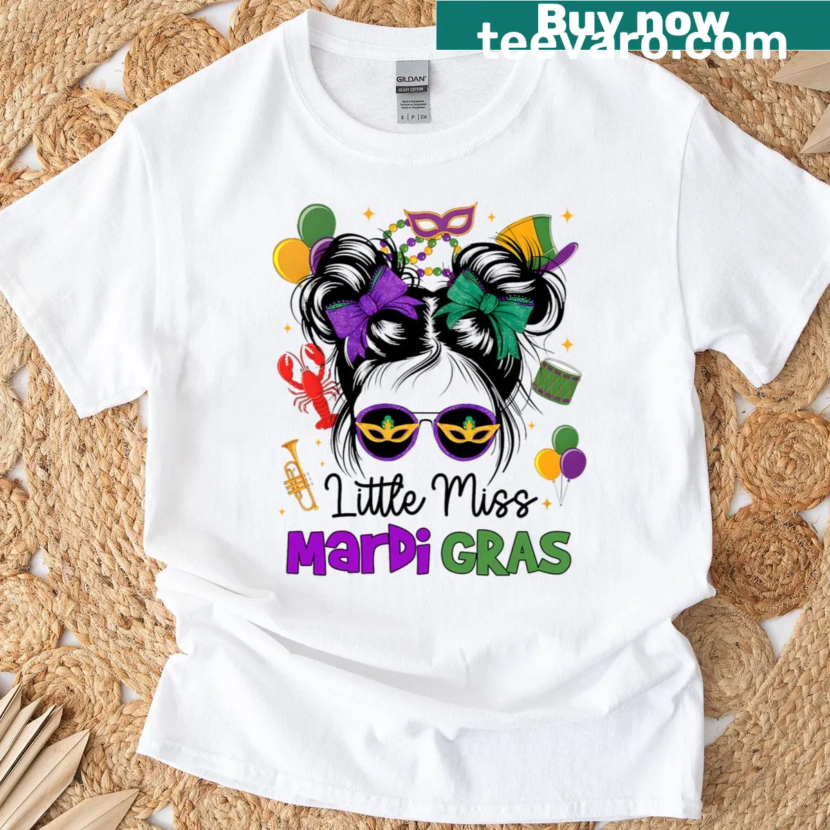 Cute Mardi Gras T-shirt for girls featuring a messy bun character — on a men's t-shirt