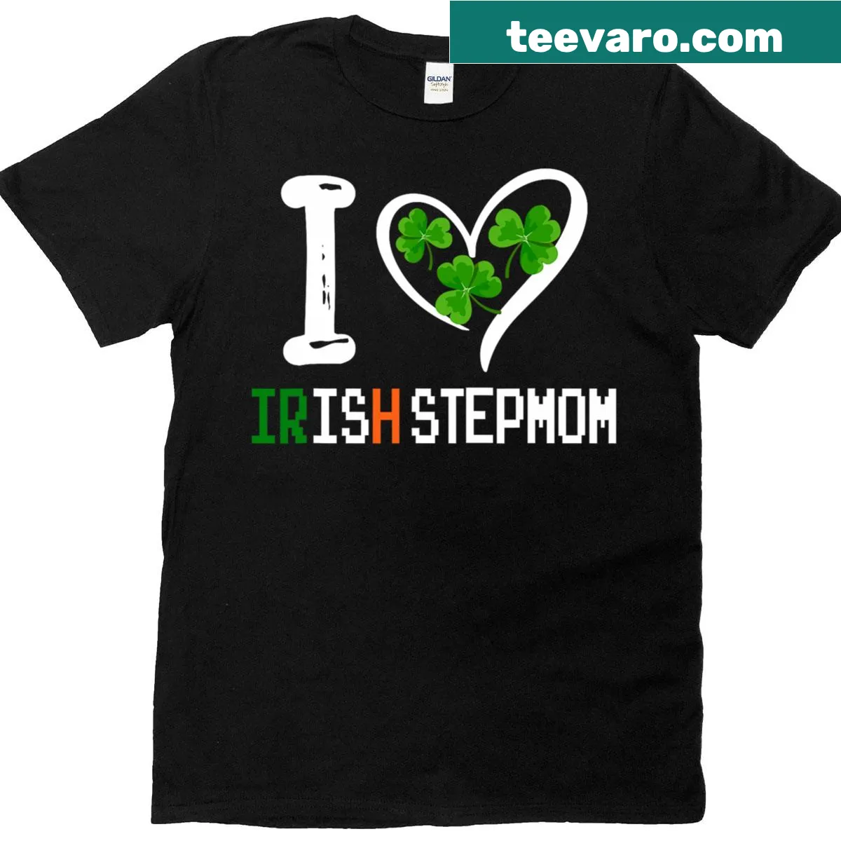 St. Patrick's Day t-shirt with shamrocks and Irish stepmom text — on a men's t-shirt