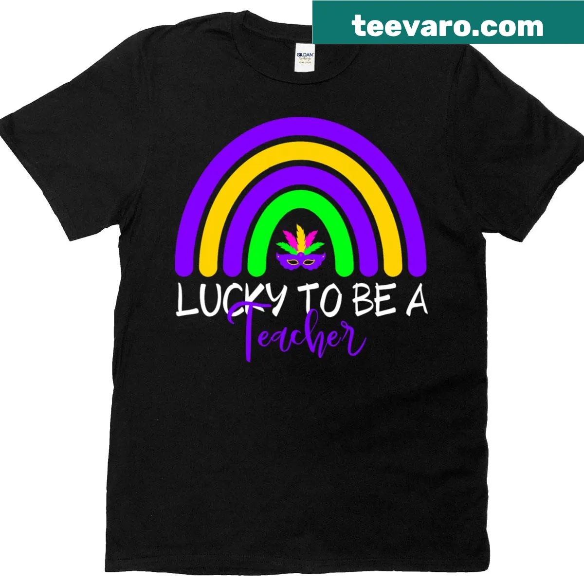 Rainbow-themed t-shirt with 'Lucky To Be A Teacher' text — on a men's t-shirt