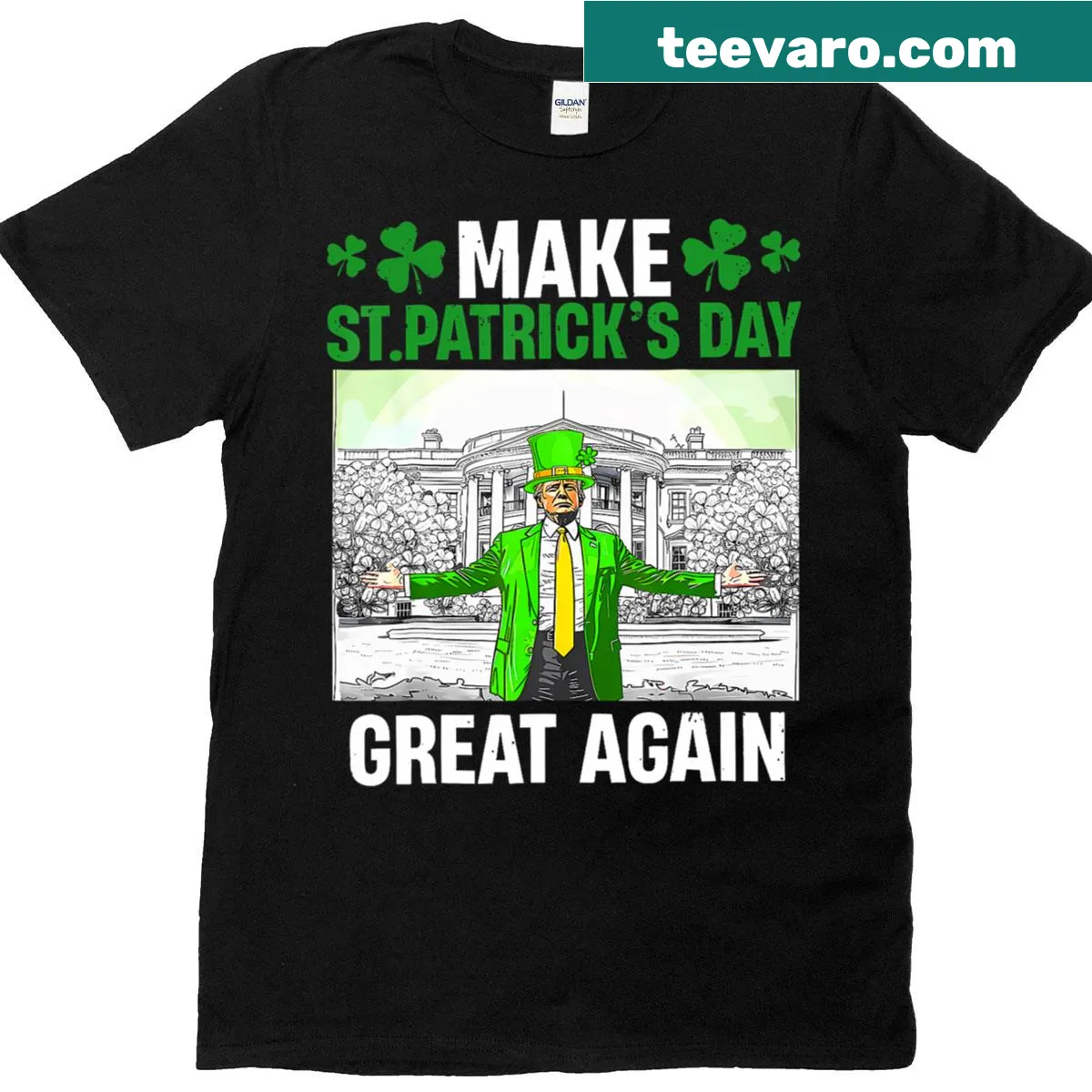 Funny St. Patrick's Day shirt featuring American flag and political text — on a men's t-shirt