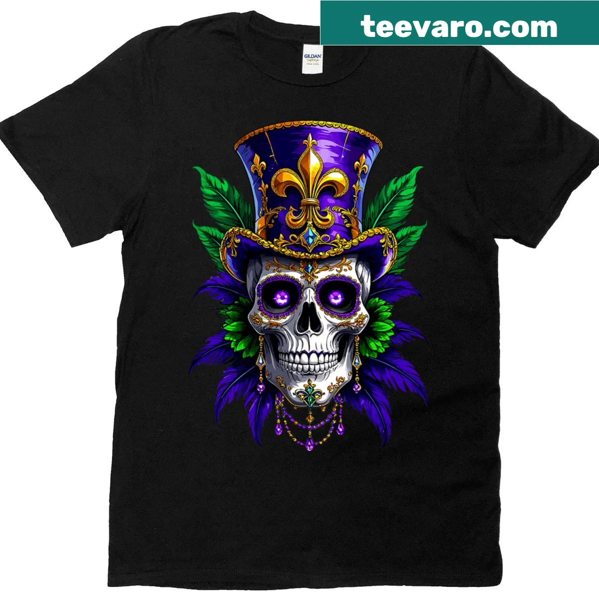 Sugar skull graphic design celebrating Mardi Gras on T-shirt — on a men's t-shirt