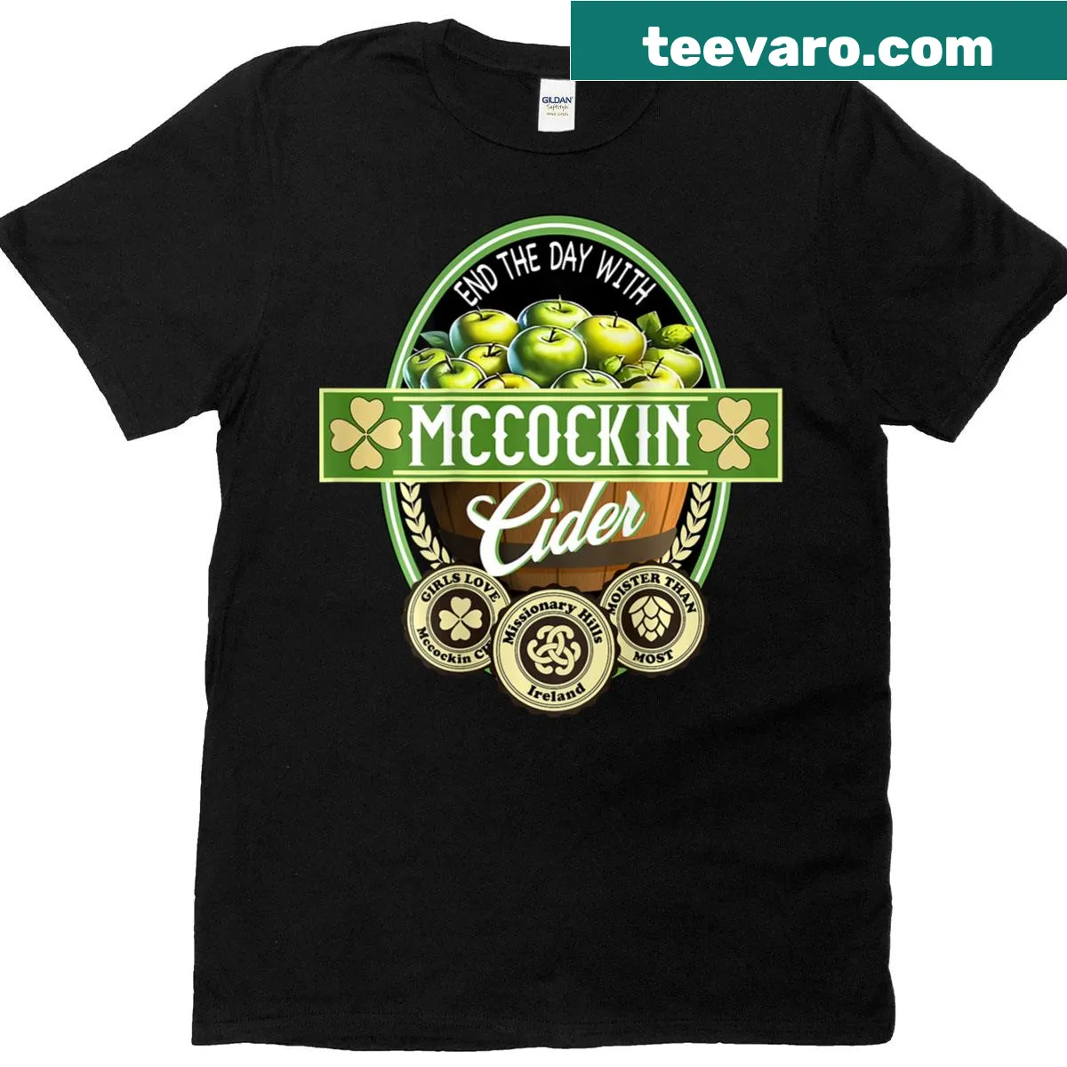 Funny St. Patrick's Day shirt with Mccockin Cider design — on a men's t-shirt