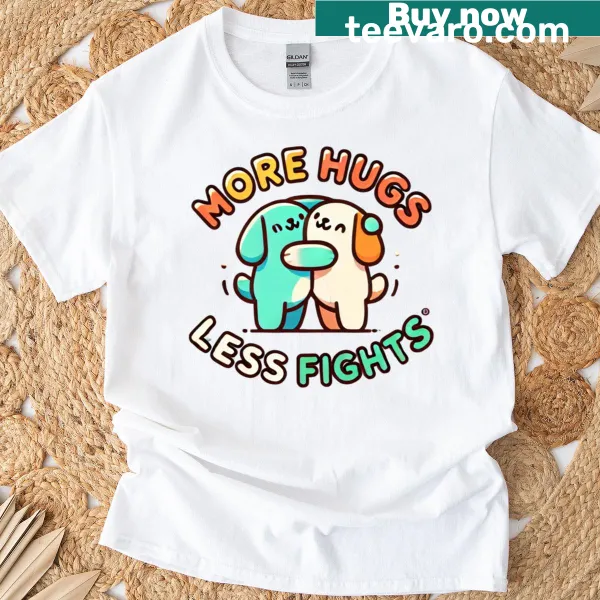 Funny T-shirt with the phrase 'More Hugs Less Fights' in playful font