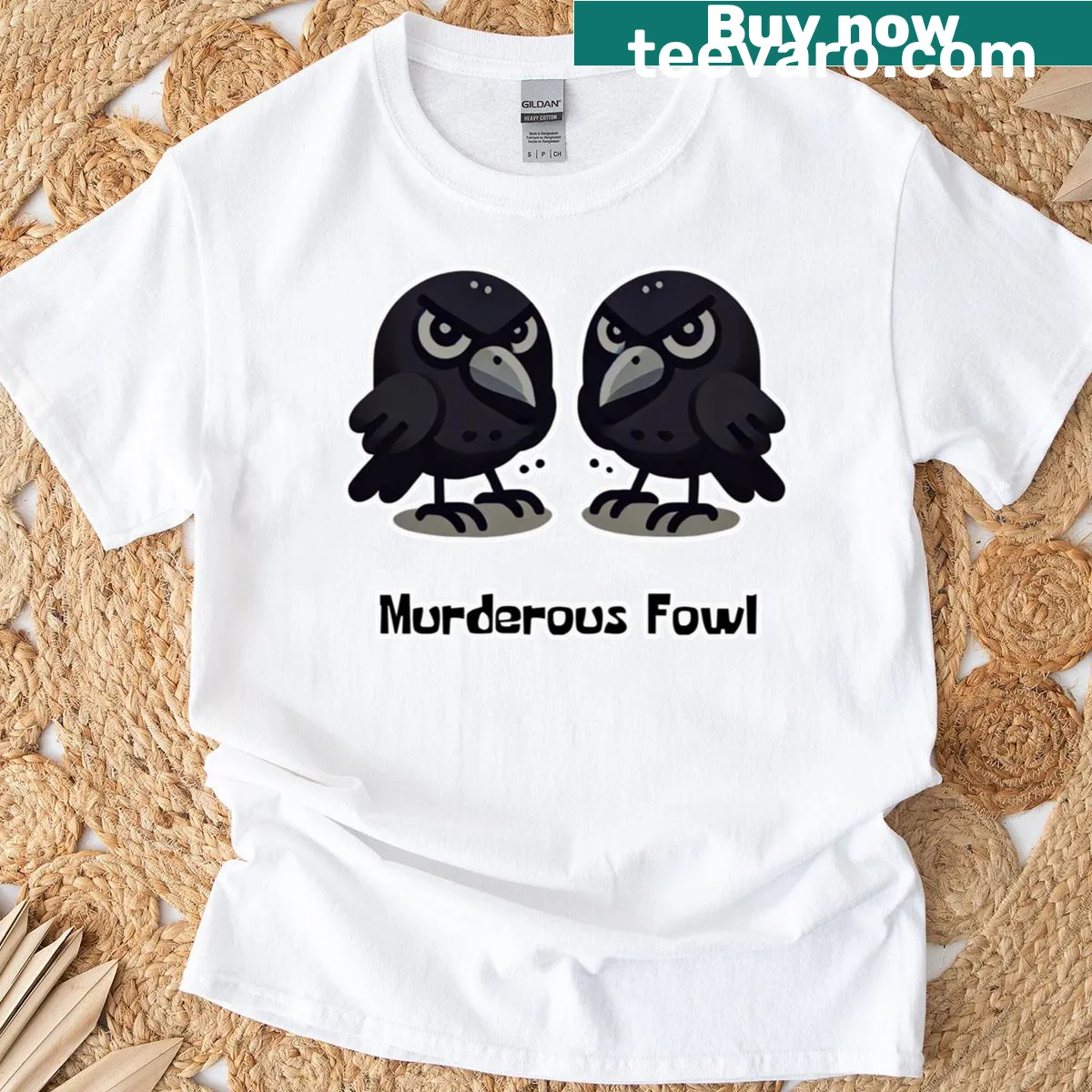 Humorous T-shirt featuring the phrase 'Murderous Fowl' in bold letters — on a men's t-shirt