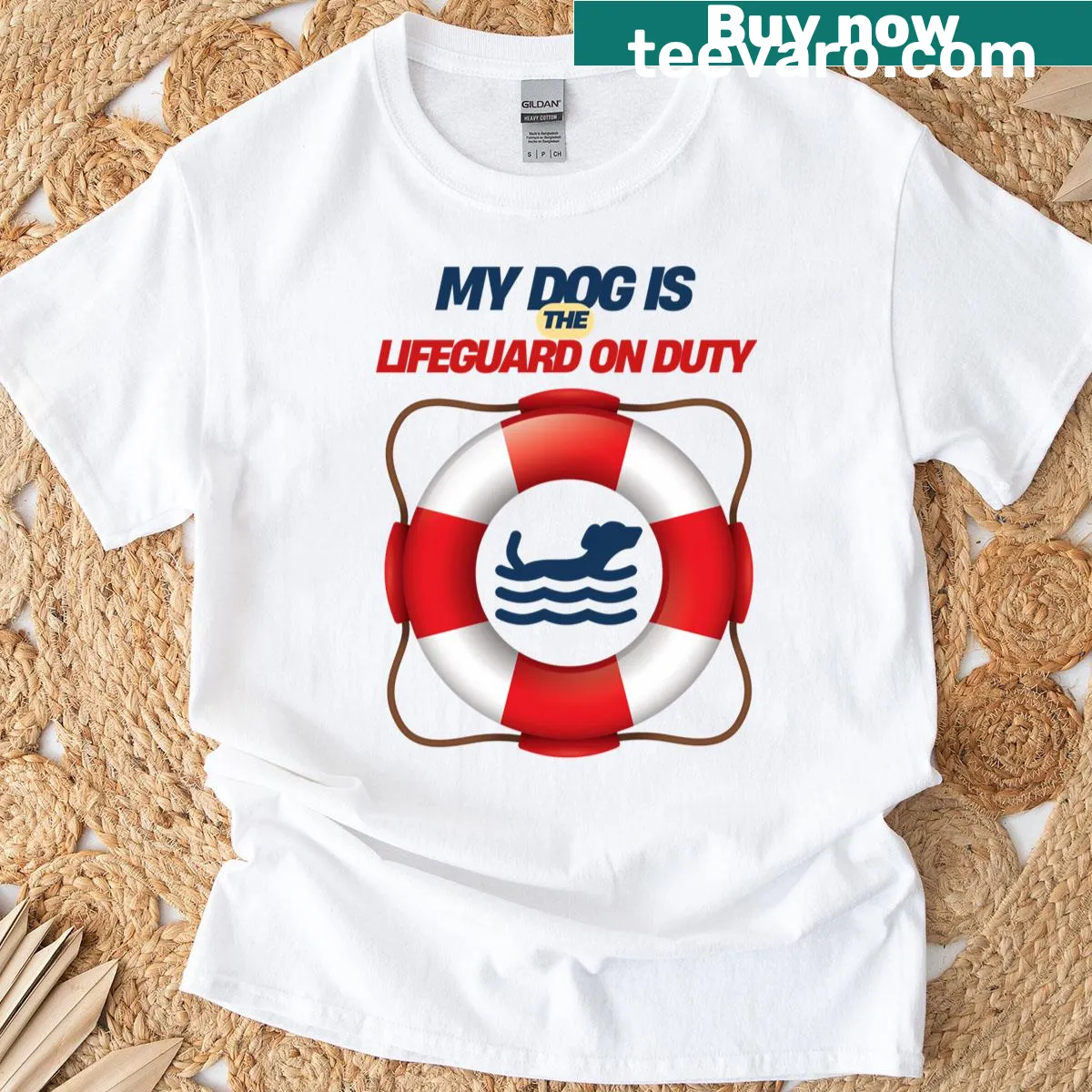 T-shirt with 'My Dog Is The Lifeguard On Duty' graphic — on a men's t-shirt