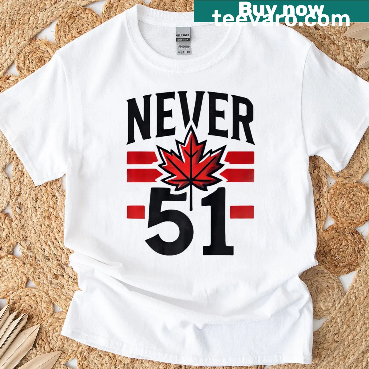 Humorous T-shirt with Canadian flag and 'Never 51st State' text — on a men's t-shirt