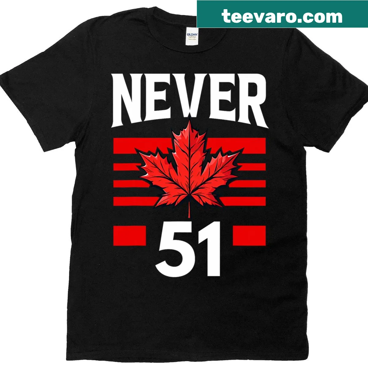Canadian flag design with maple leaf and 'Never 51st State' text — on a men's t-shirt