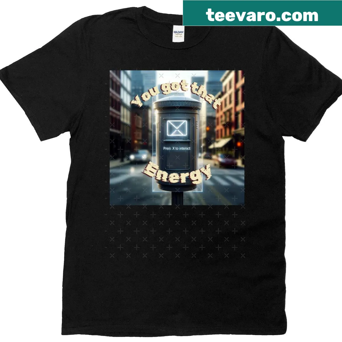 Funny gaming tee with 'Press X To Interact' text — on a men's t-shirt