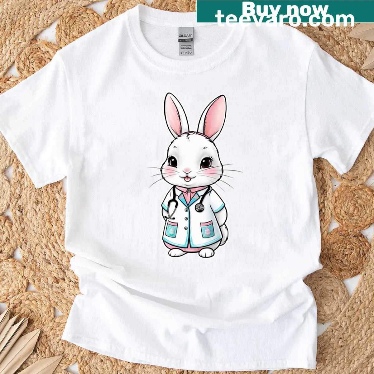 Cute nurse-themed tee with a bunny graphic — on a men's t-shirt