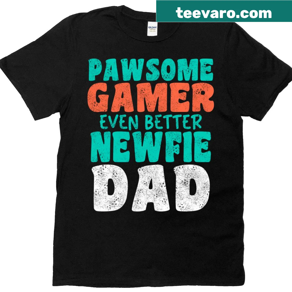 Vintage style Gamer Dad t-shirt with Newfoundland dog graphic and text — on a men's t-shirt