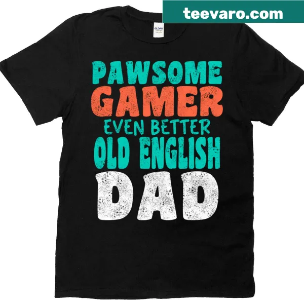 Vintage style Gamer Dad t-shirt with Old English Sheepdog graphic and text