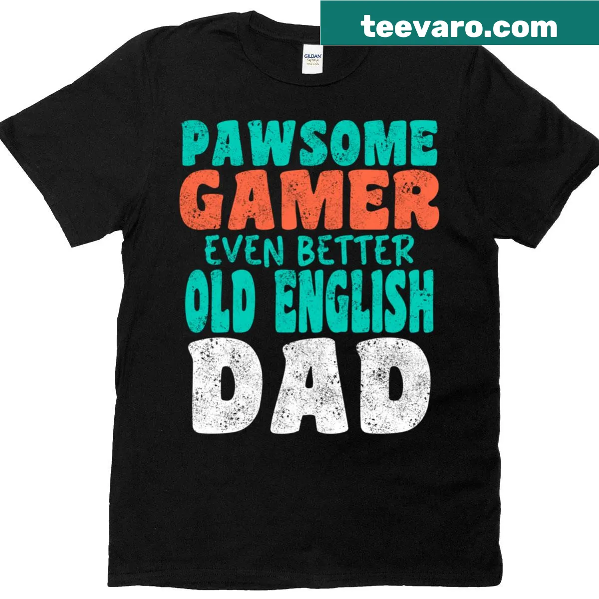 Vintage style Gamer Dad t-shirt with Old English Sheepdog graphic and text — on a men's t-shirt