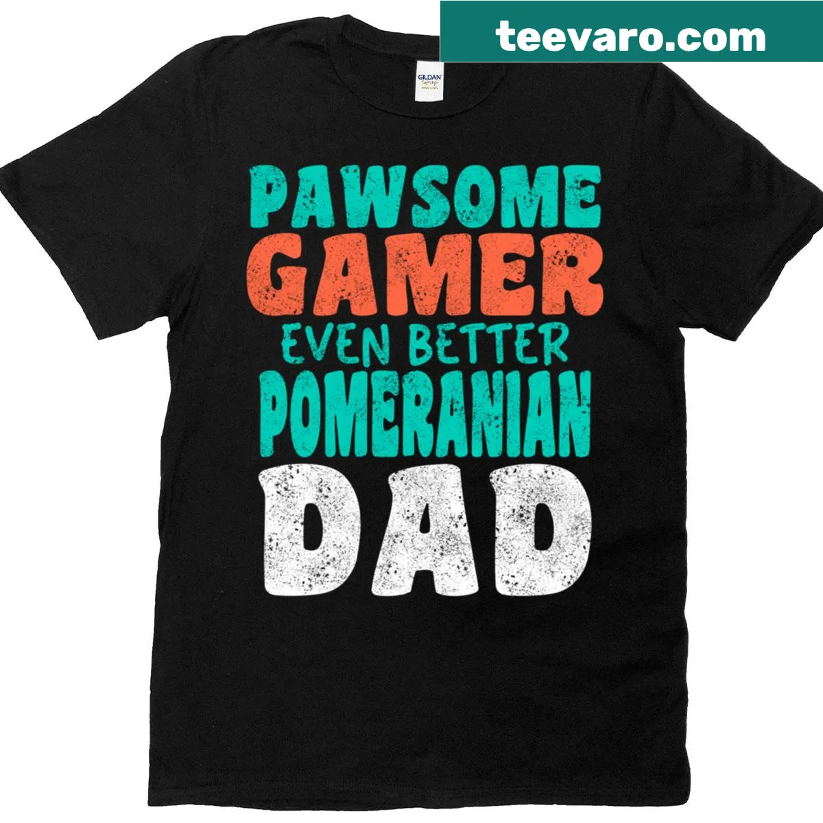 Funny Gamer Dad t-shirt featuring a Pomeranian — on a men's t-shirt