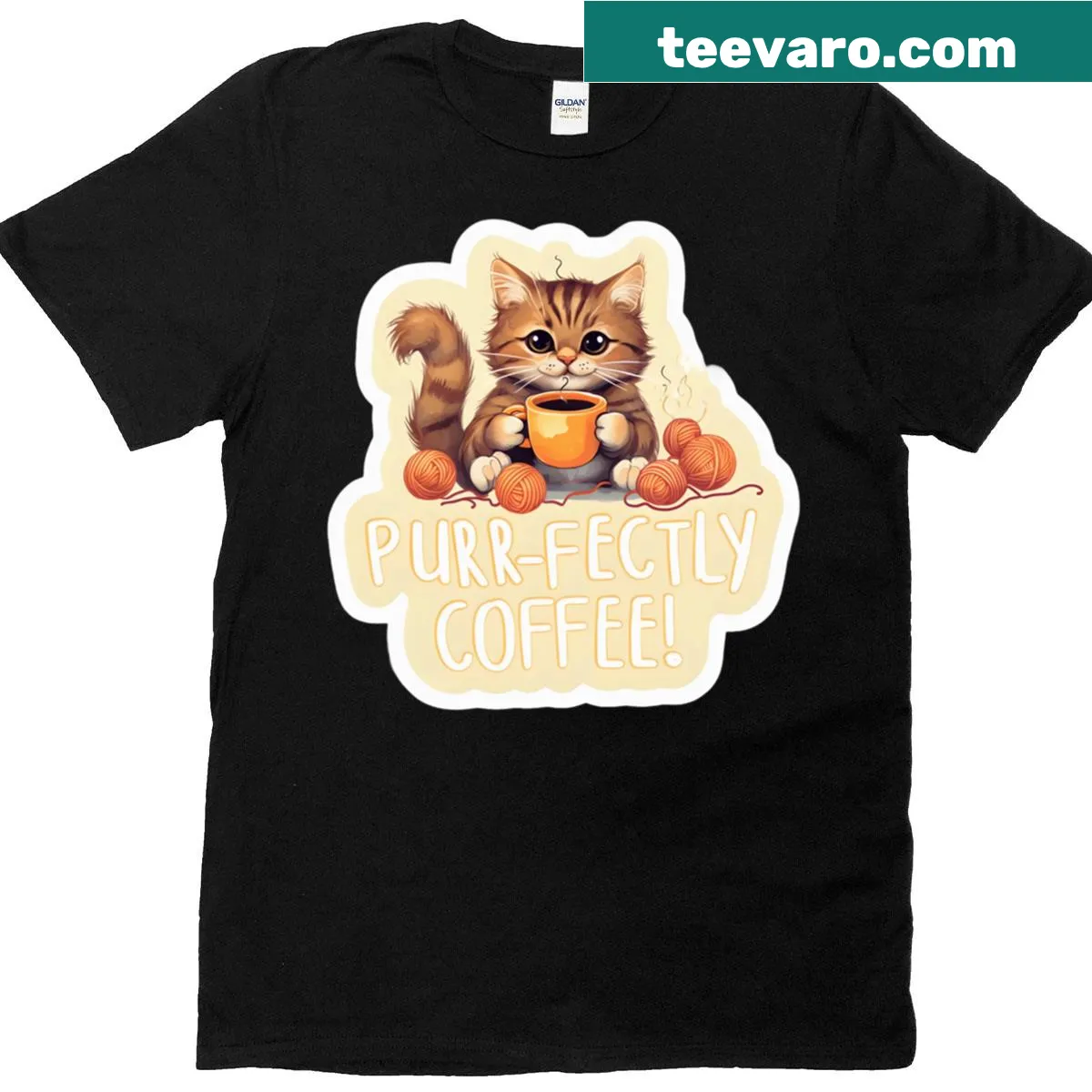 Funny 'Purr Fectly' coffee-themed T-shirt with playful text — on a men's t-shirt