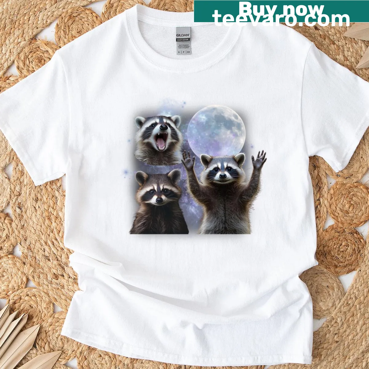 Raccoons in a galaxy with a moon graphic T-shirt — on a men's t-shirt