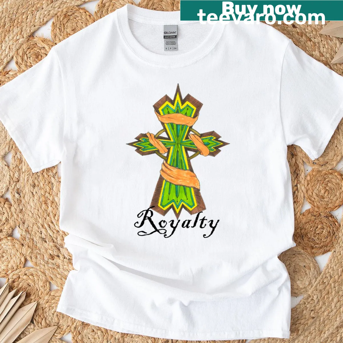 Illustrated cross design t-shirt, conveying faith and style — on a men's t-shirt